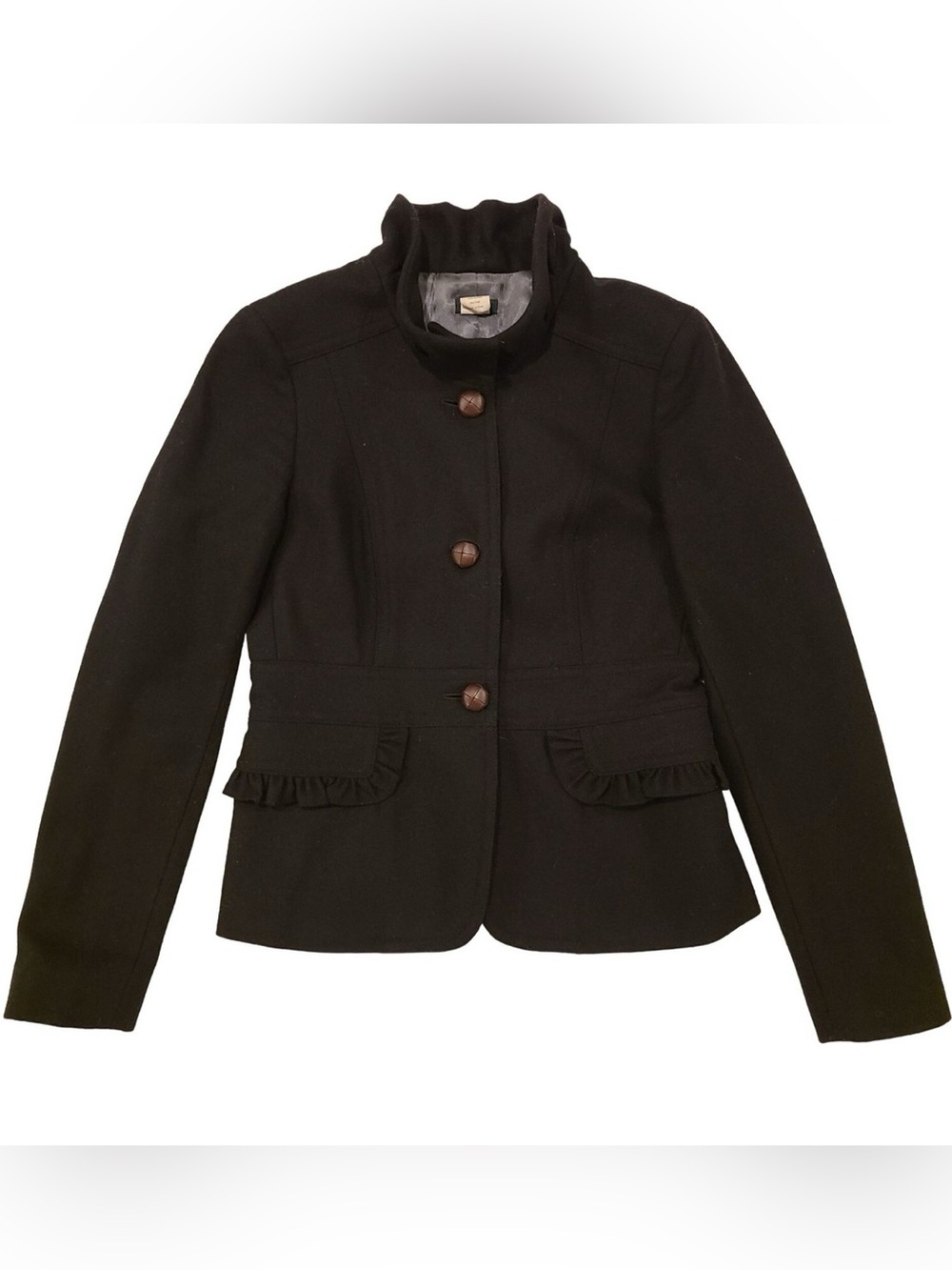 J. CREW Wool Ruffle-trim Funnel Collar Blazer Office Jacket Short Peacoat